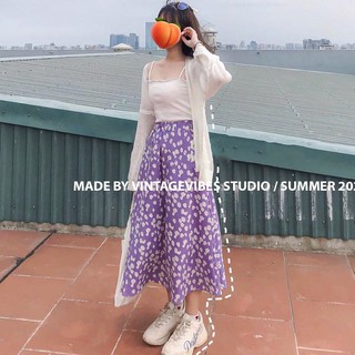 Chân Váy Maxi Lưng Cao Hoạ Tiết Hoa Cúc ĐEN XANH TÍM - Chân váy midi hoa cúc họa mi voan chifon 2 lớp Ulzzang style 🌸