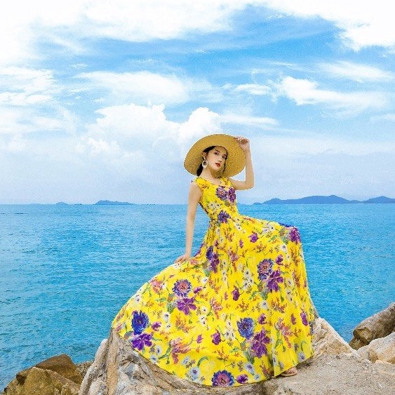 Đầm Maxi Dáng Dài - Váy Đi Biển Nữ Xòe Cổ V Không Tay Voan Lụa Quảng Châu Cao Cấp HK28