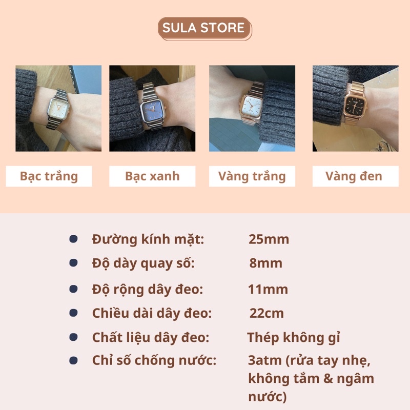 Đồng hồ nữ mặt vuông 26mm đẹp giá rẻ chính hãng dây kim loại chống nước 3ATM - SULANAI