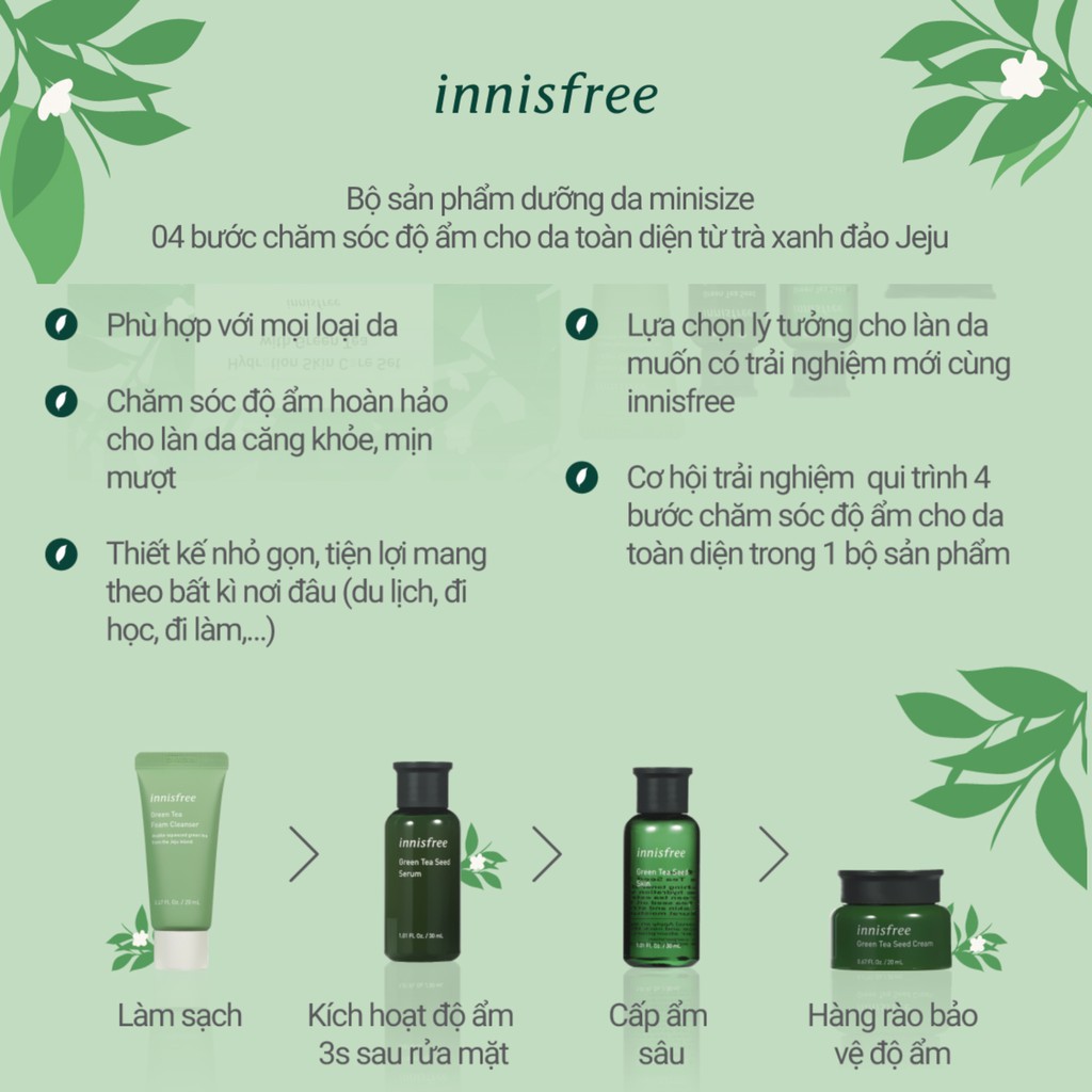 Bộ sản phẩm chăm sóc dưỡng ẩm da innisfree Hydration Skin Care Set with Green Tea 100ml