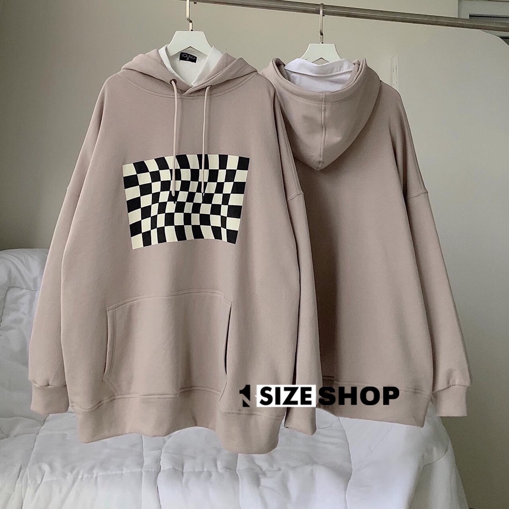 Áo nỉ sweater mùa đông có mũ phối hình bàn cờ form dưới >65kg thời trang Hàn Quốc 1sizeshop