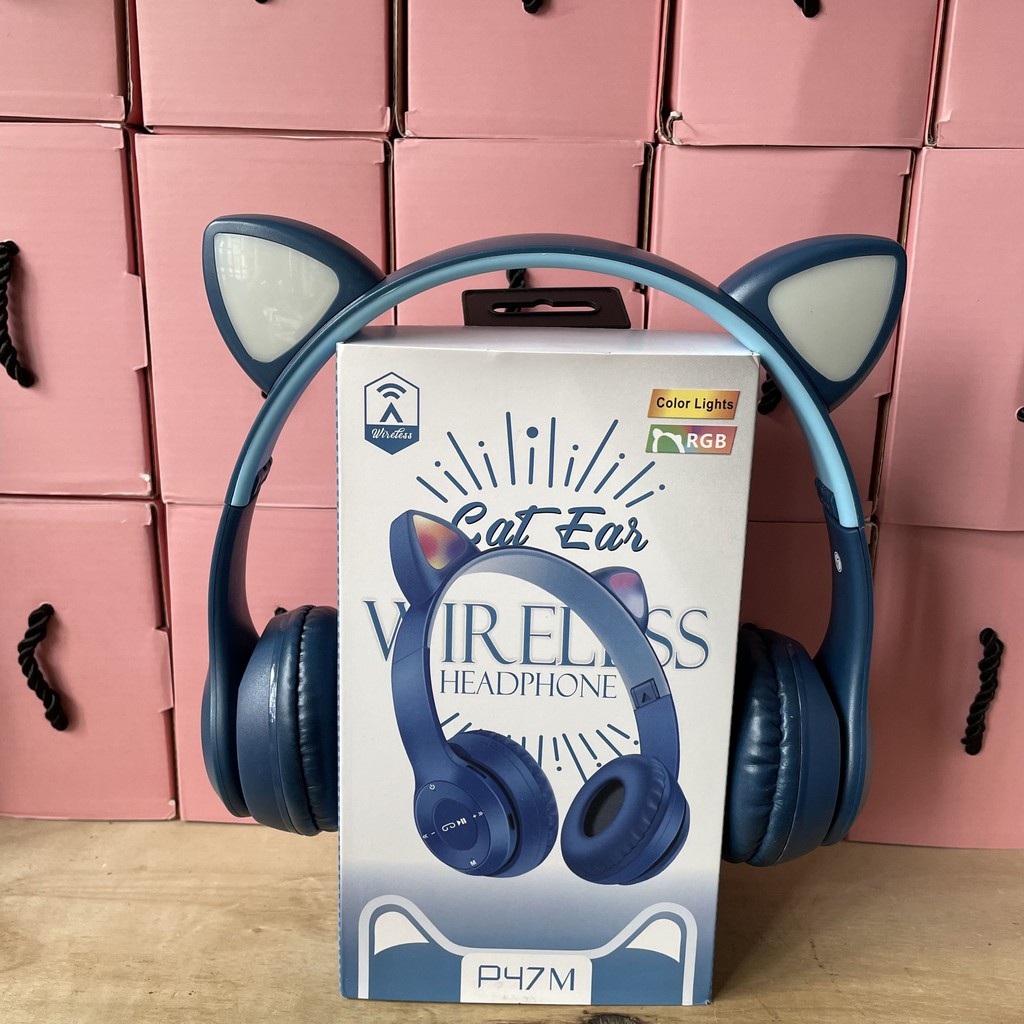 Tai Nghe Mèo Chụp Tai Bluetooth Headphone P47M Có Mic Đèn Led Dễ Thương Livestream Nghe Nhạc Tốt