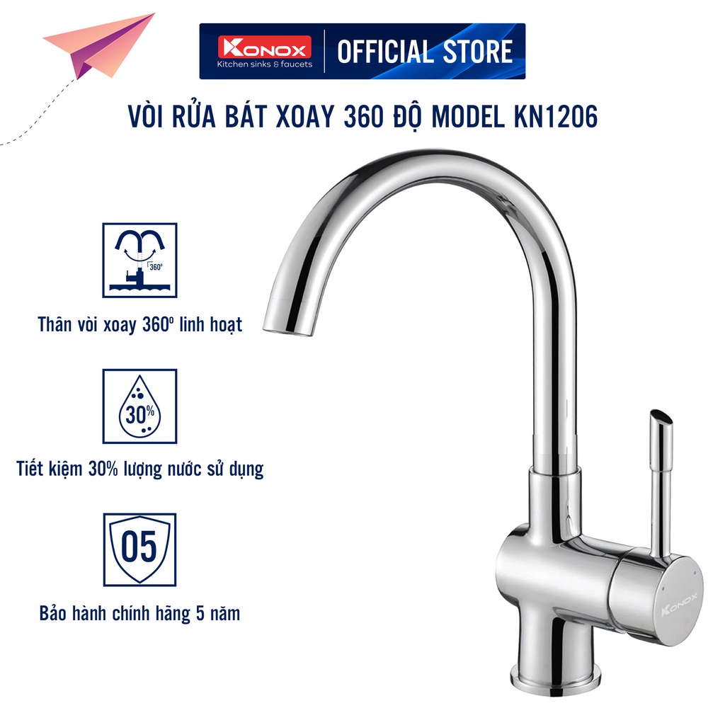 Vòi rửa bát xoay 360 KONOX KN1206 hợp kim đồng 61% tiêu chuẩn Châu Âu CW617N, bề mặt xử lý công nghệ PVD Chrome 5 lớp