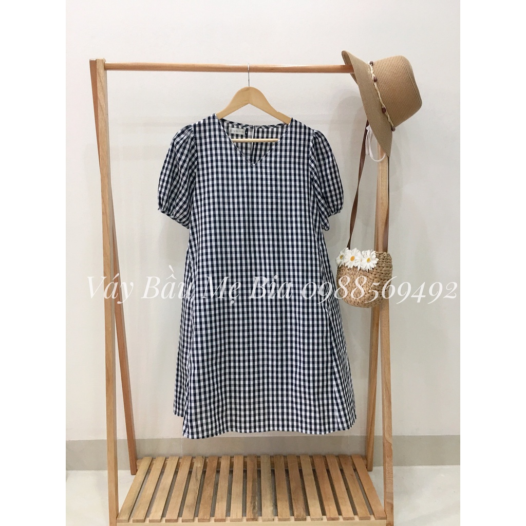 Váy bầu bigsize - Đầm bầu thiết kế GuMe màu Caro Đen Cổ V Sườn Thiên Tay Bo size 40-100kg  MB208 - ảnh thật