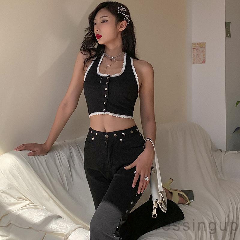 d❃♪Women´s Halter Neck Button Front Lace Crop Top