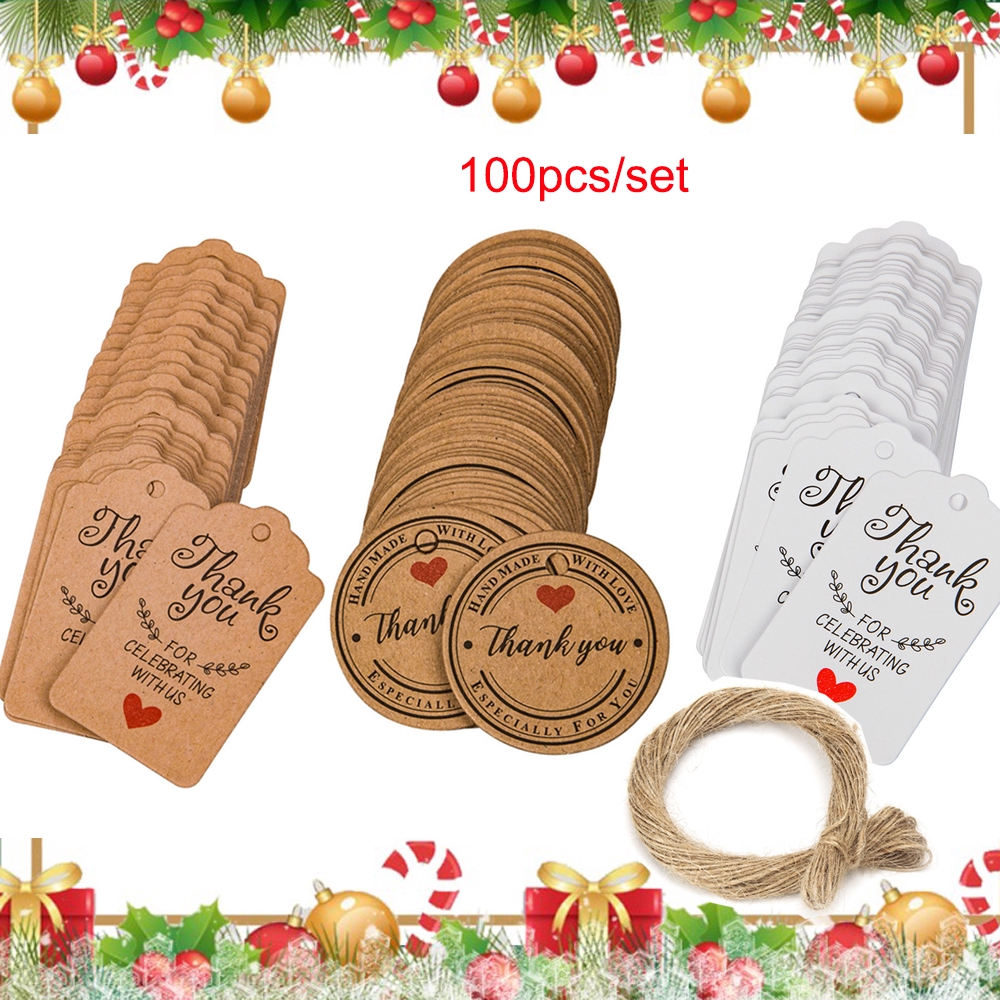 Set 100 thẻ giấy kraft kèm dây 20 mét dùng trang trí hộp quà làm đồ thủ công đa năng