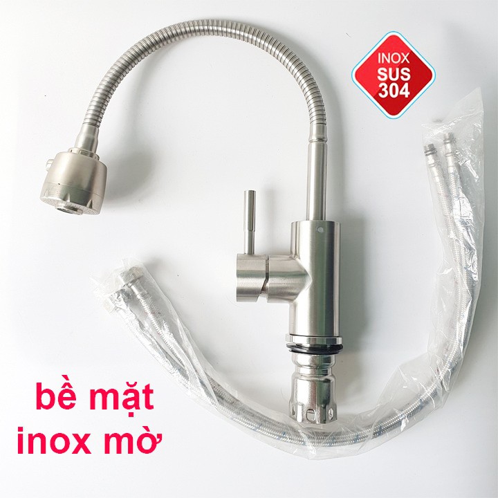 Vòi rửa chén nóng lạnh inox 304 bề mặt màu inox mờ cần lò xo dẻo 2 chế độ