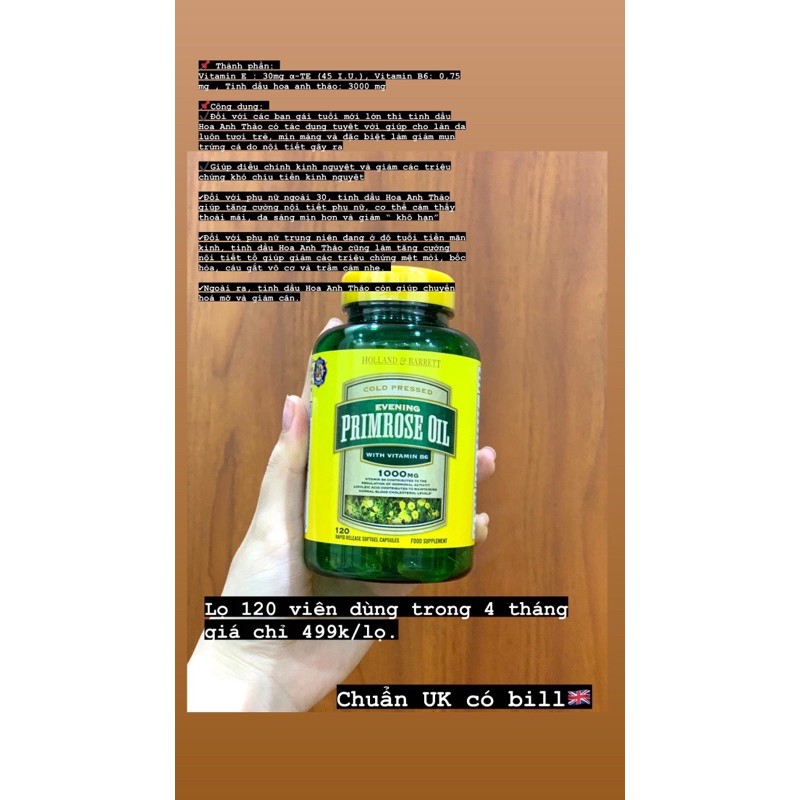 Tinh dầu hoa anh thảo Holland & Barrett 120 viên