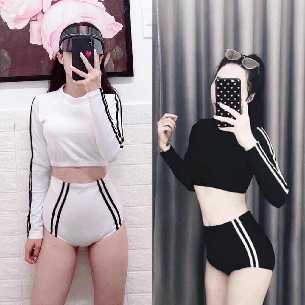 Bikini Áo tắm liền dài tay thể thao sọc trắng cực đẹp (ảnh thật) -B03