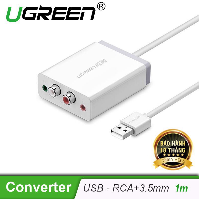 Bộ chuyển âm thanh USB ra 2 đầu 3.5mm (tai nghe+Mic) và 2 đầu hoa sen (RCA) dài 1M UGREEN 30521 - Chính Hãng