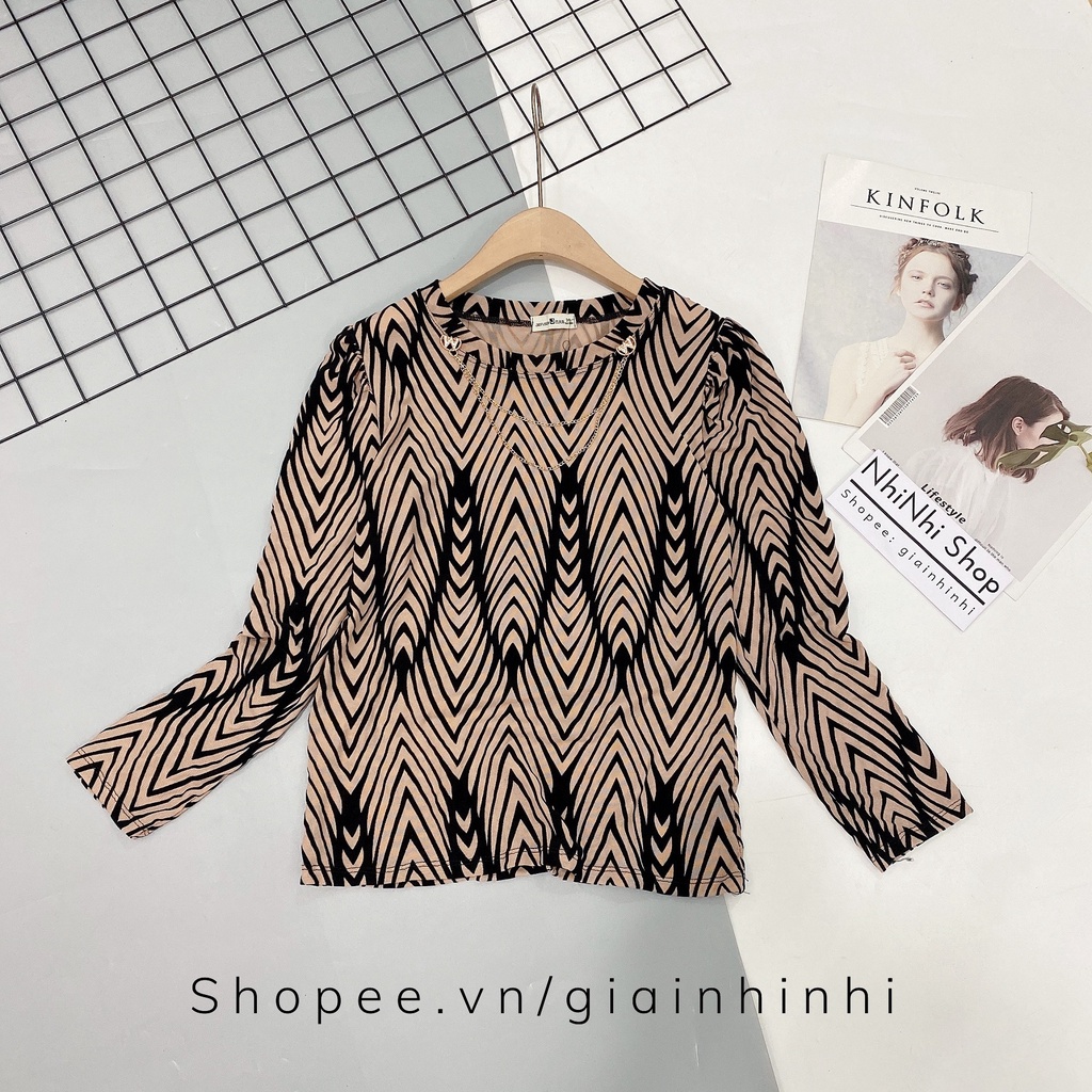Áo lưới cổ tròn tag cài rời, Áo kiểu in chữ dài tay co giãn AS6021- NhiNhi Shop
