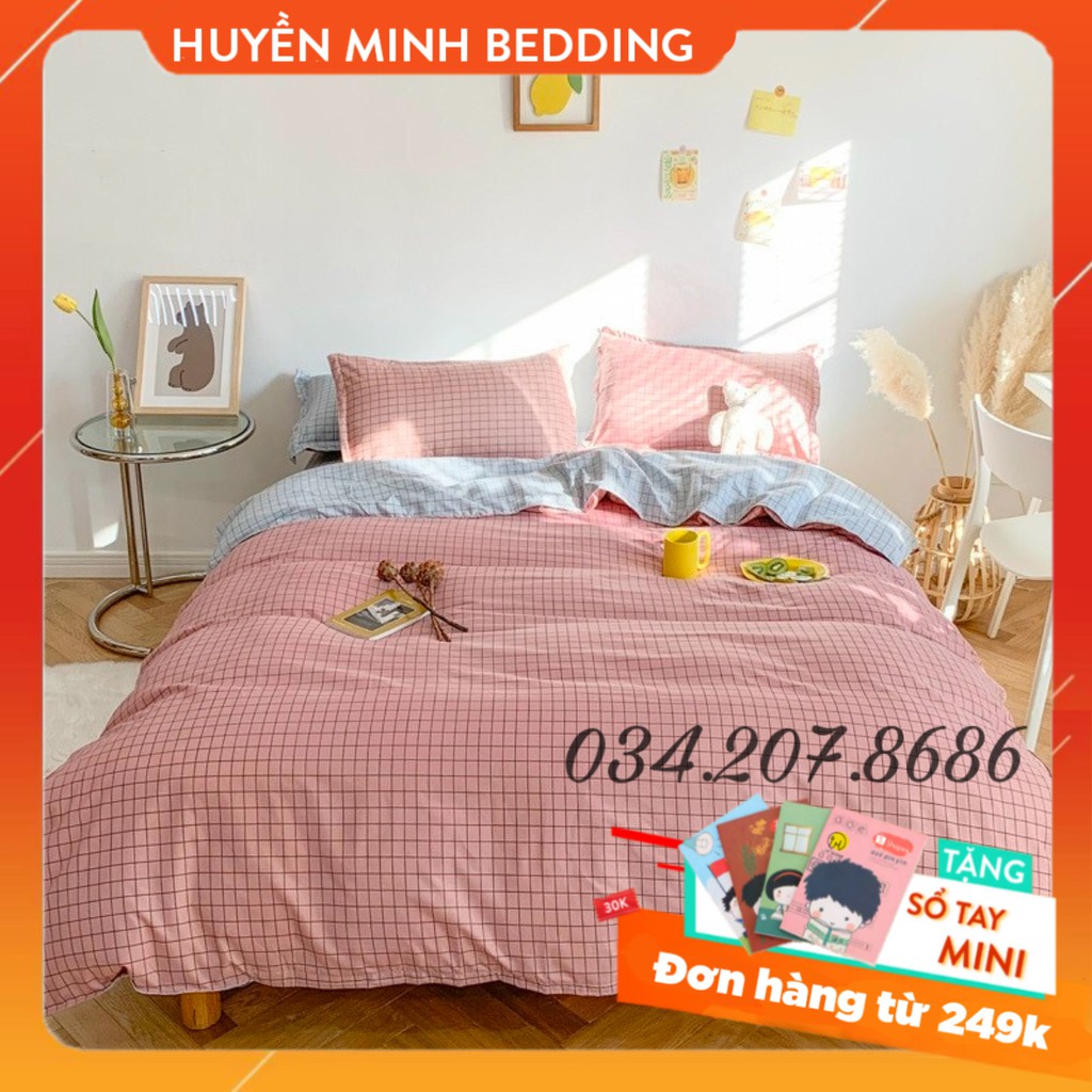BỘ CHĂN GA VÀ VỎ GỐI POLY COTTON Ô Vuông Hồng - Bộ Chăn Ga Gối 5 Món Cao Cấp
