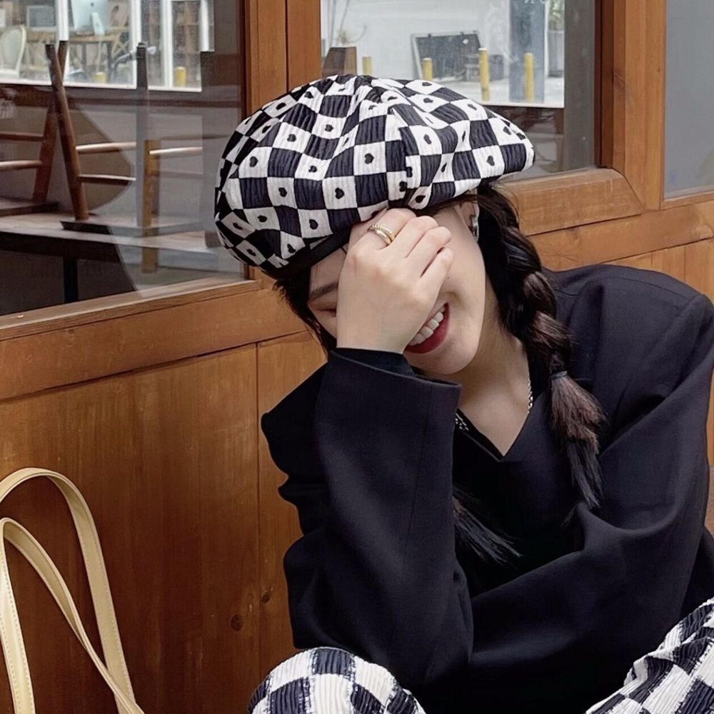 Mũ beret bằng da họa tiết kẻ sọc caro phong cách Hàn Quốc thời trang thu đông cho nữ