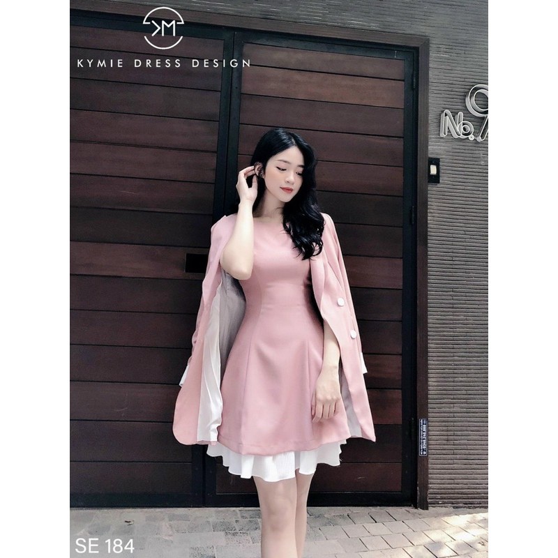 Set áo khoác vest phối đầm xoè dập ly, Combo đầm bèo + áo khoác vest tay dài