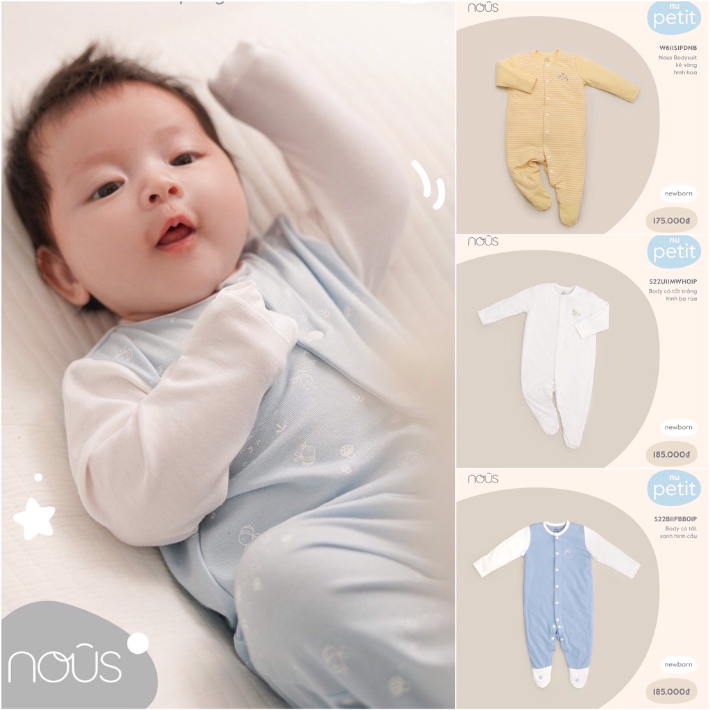 Bodysuit liền tất sơ sinh dài tay cài giữa chất liệu petit cao cấp W611S1 Nous