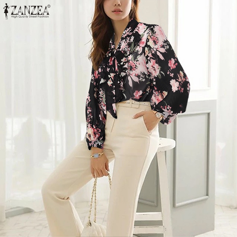 Áo kiểu ZANZEA tay dài xếp ly cổ V phối dây buộc in họa tiết hoa phong cách retro thời trang cho nữ