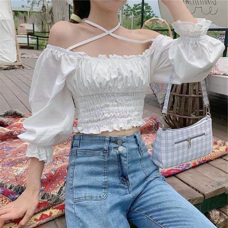 Áo croptop ôm kiểu tay phồng VIETCEN áo croptop tay dài ôm bèo nhún