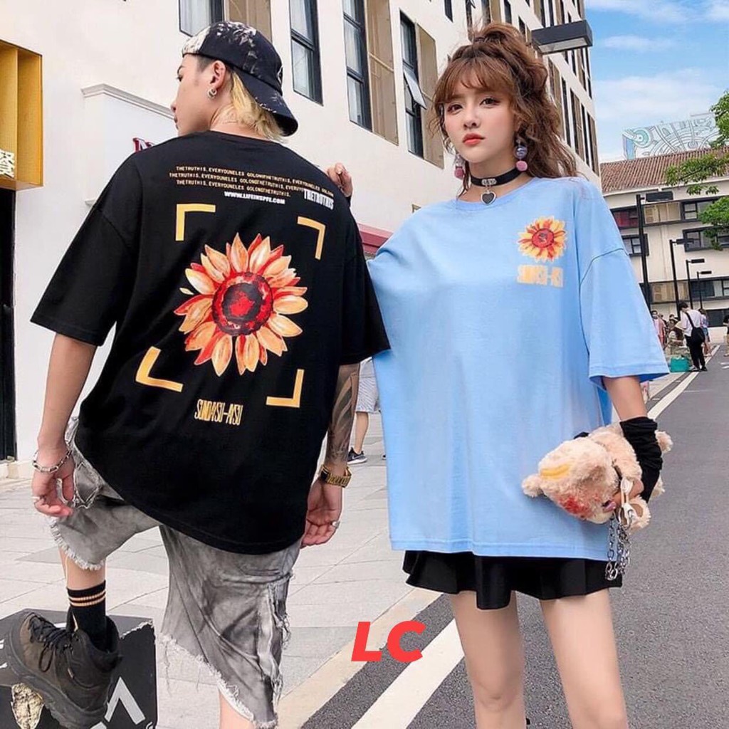 Áo thun unisex tay lỡ nam nữ form rộng Hoa Hướng Dương oversize hai màu xanh đen basic tee phông full size