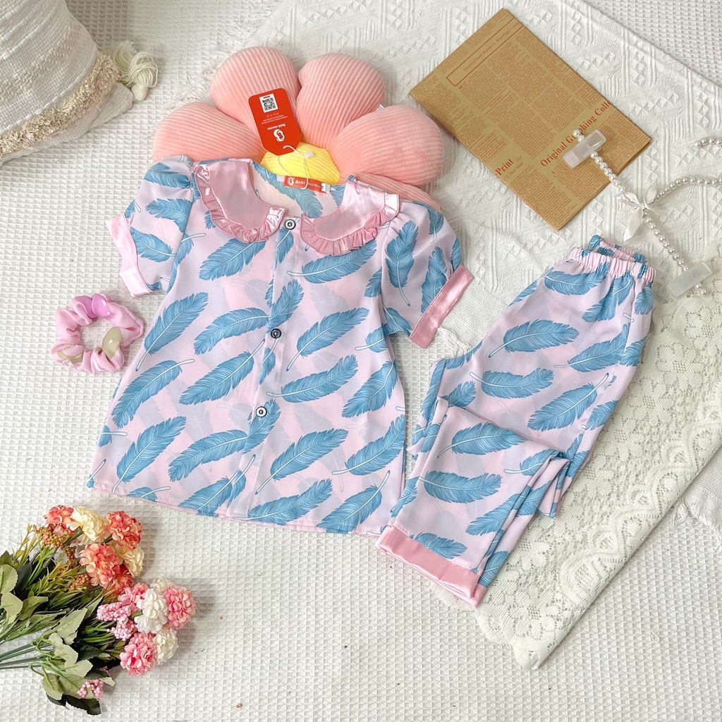 Bộ Ngủ Lụa Cho Bé Gái Pijama Áo Cộc Quần Dài Từ Lụa Mango Thiết Kế Kiểu Tay Bồng Tiểu Thư 13-35kg - BPN58