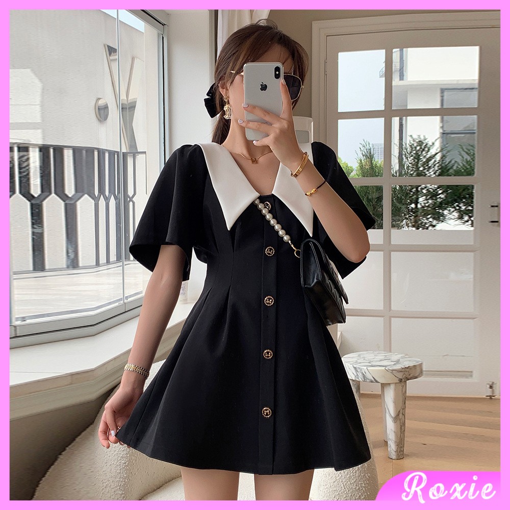 Váy xòe ngắn nữ cổ trắng vintage kiểu Pháp giấu bụng, Đầm nữ ulzzang tay lỡ dáng ngắn - Roxie