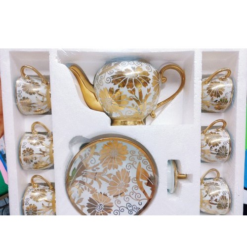 [ảnh thật] Bộ ấm tách hoa văn nhũ vàng hoàng gia 6 ly kèm 7 dĩa - Bộ ấm dùng làm tặng cao cấp