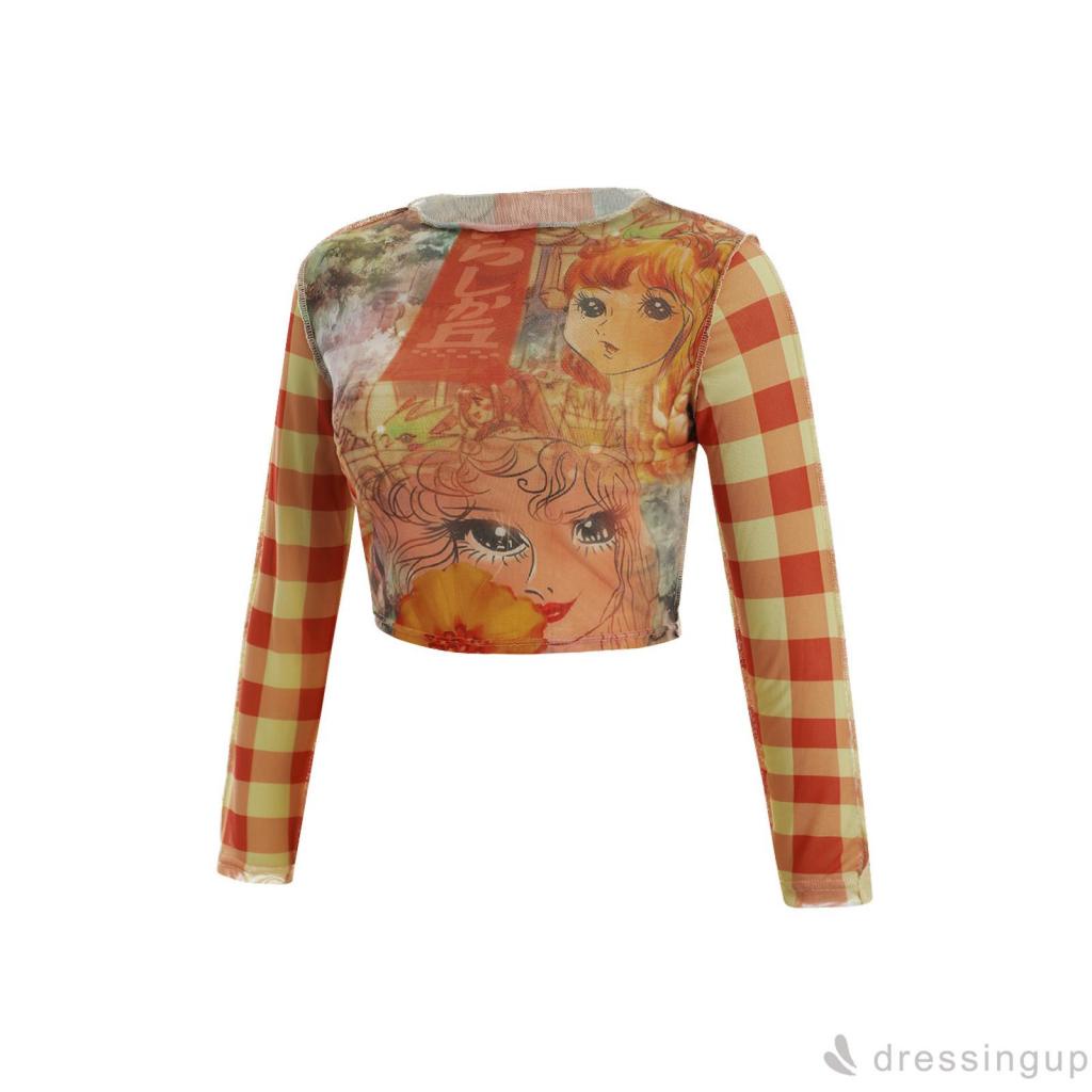 Áo thun tay dài cổ tròn in họa tiết hoạt hình phong cách thời trang cho nữ