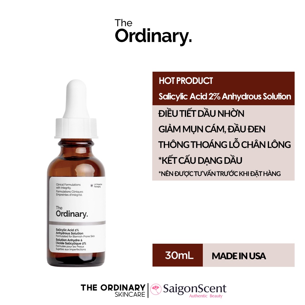 Tinh chất giảm mụn &amp; lỗ chân lông The Ordinary / Salicylic Acid 2% Anhydrous Solution / 30mL