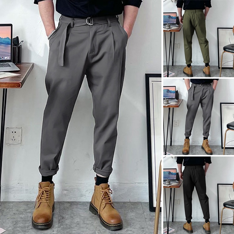 Quần dài INCERUN màu trơn ống đứng co giãn có dây nịt thời trang thường ngày cho nam