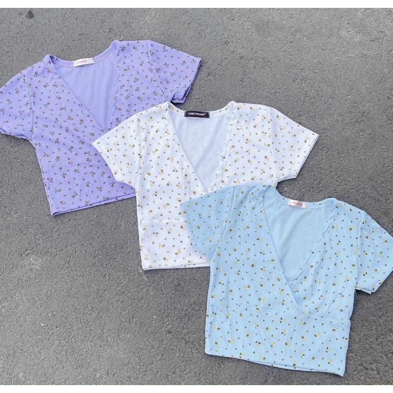 Áo đắp chéo hoa nhí croptop thun borip - B5N