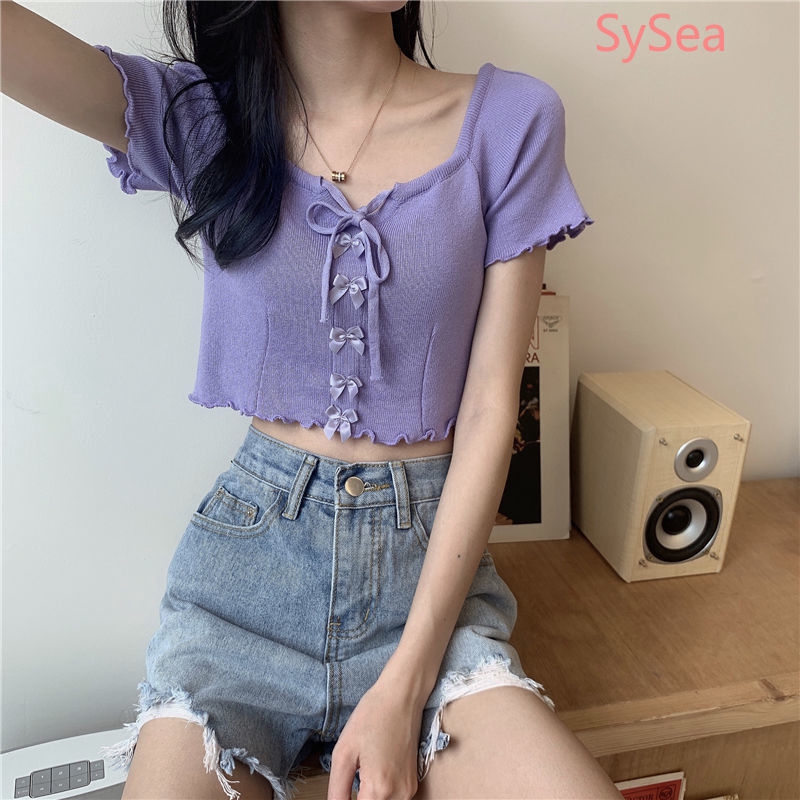 Women's Drawstring Bow Knit Short Sleeve Croptop