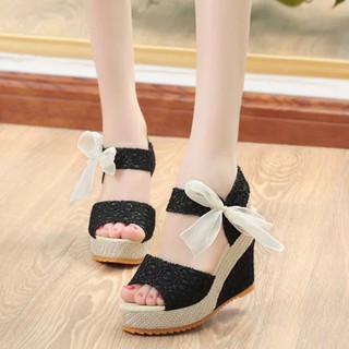 Giày đế xuồng Sandal nữ phối ren phân buộc nơ Xuân Hè