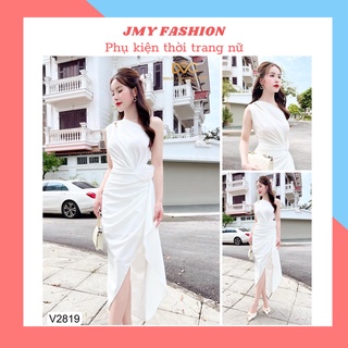 V2819 Váy đầm trắng body lệch vai nhún eo dáng dài (tặng kèm hoa cài) - DVC&ACC (Dolce viva colection)