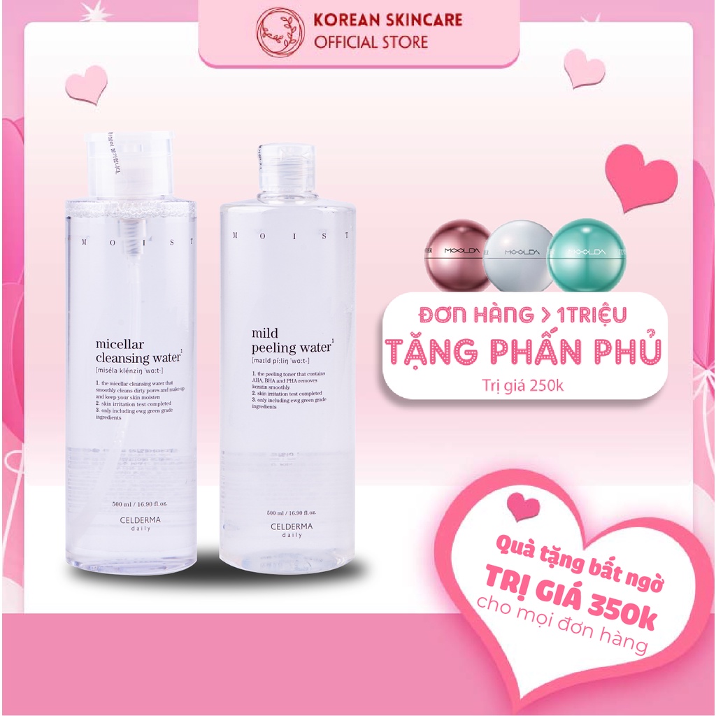 Combo Nước tẩy trang Celderma Micellar Cleansing Water và Nước hoa hồng tẩy da chết Celderma Mild Peeling Water 500ml