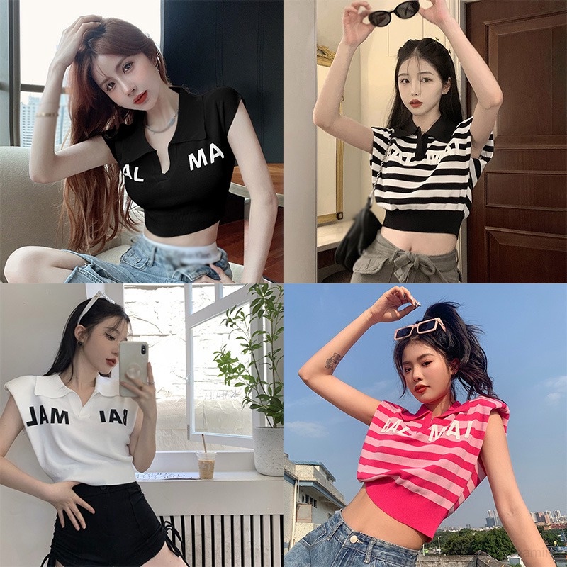 Áo Lửng Hai Dây Kẻ Sọc In Chữ Thời Trang Cho Nữ