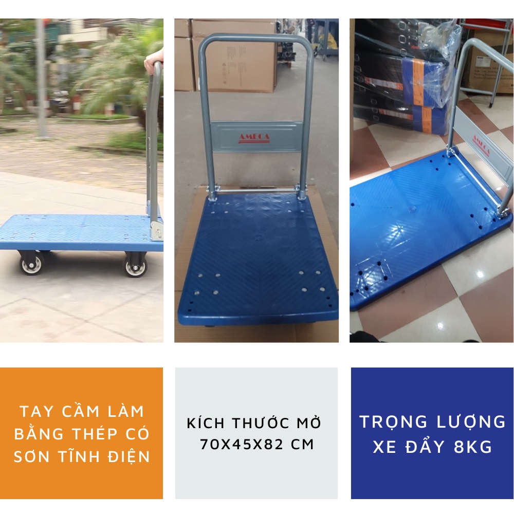 Xe đẩy hàng kéo hàng 4 bánh nhựa giảm ồn tốt sàn nhựa gấp gọn AMECA tải trọng 150kg giao hỏa tốc HN