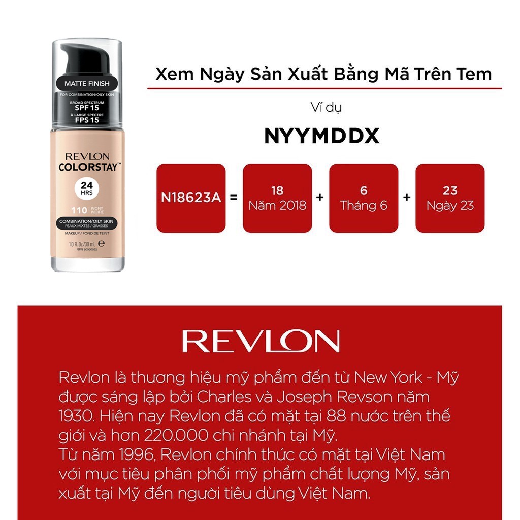 [Mã BMBAU50 giảm 50K đơn 150K] Kem nền kiềm dầu lâu trôi số 1 tại Mỹ Revlon Colorstay 24h SPF 15 30ml