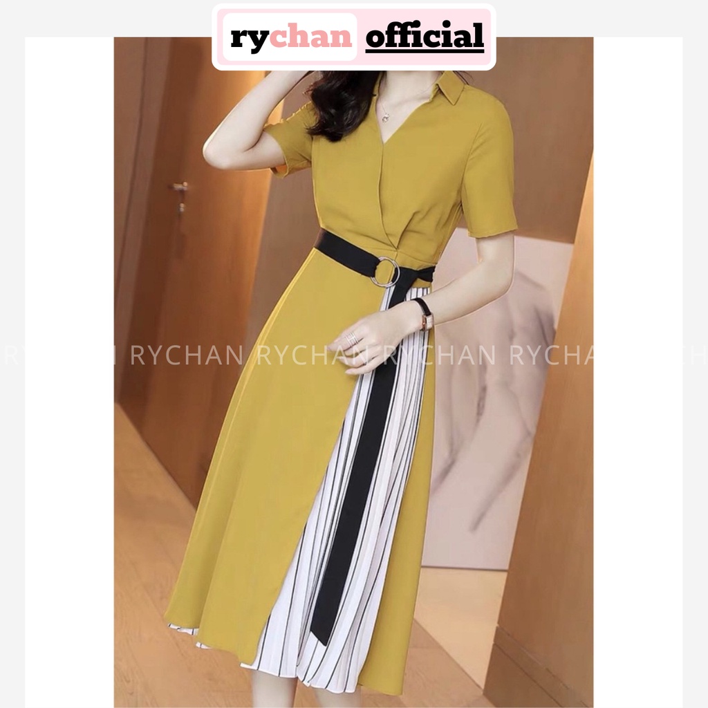 Đầm Xòe Vàng Đắp Chéo Phối Sọc - DX908