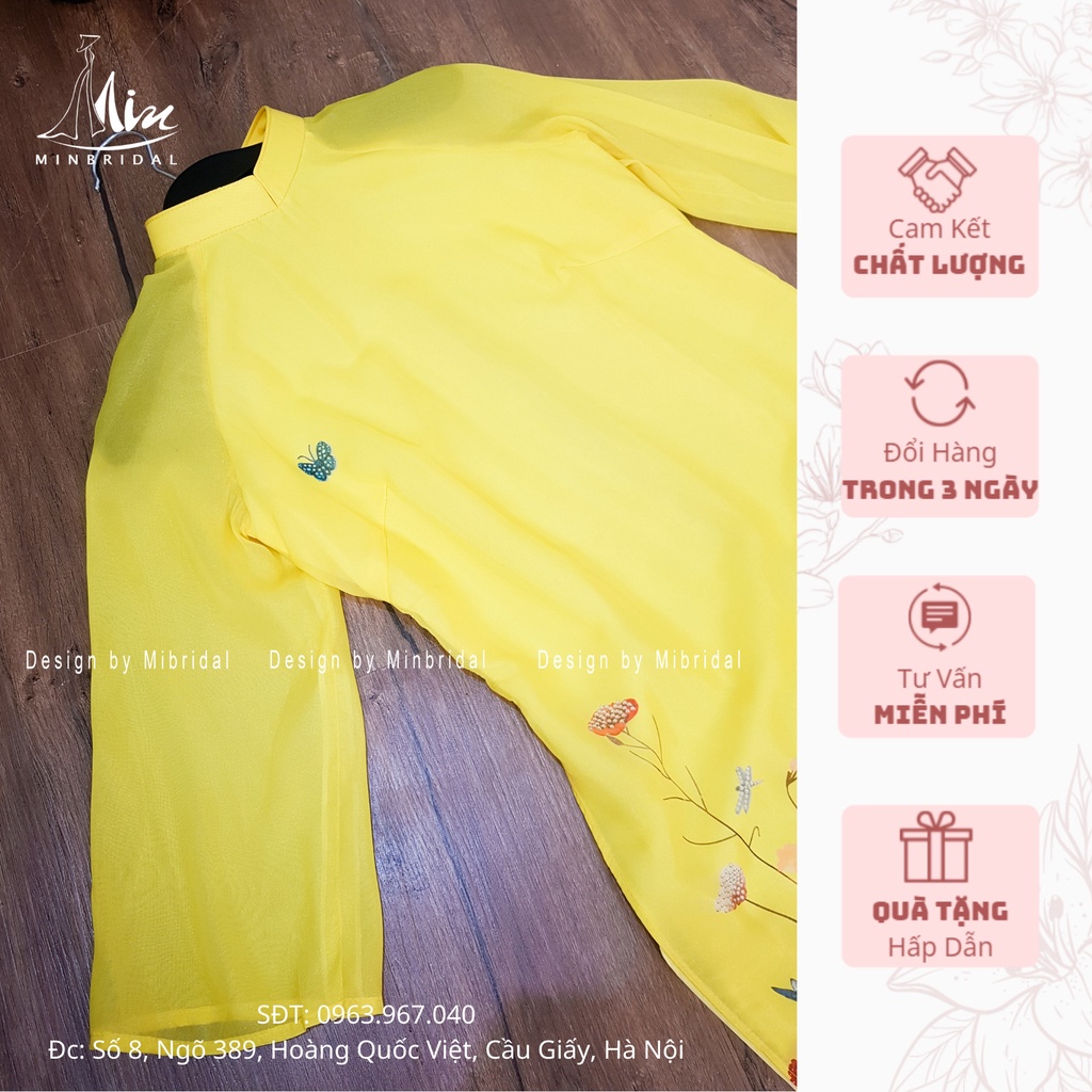 Ao Dài cách tân dáng xuông 4 tà chất liệu voan tơ óng in hoa văn màu vàng | BigBuy360 - bigbuy360.vn