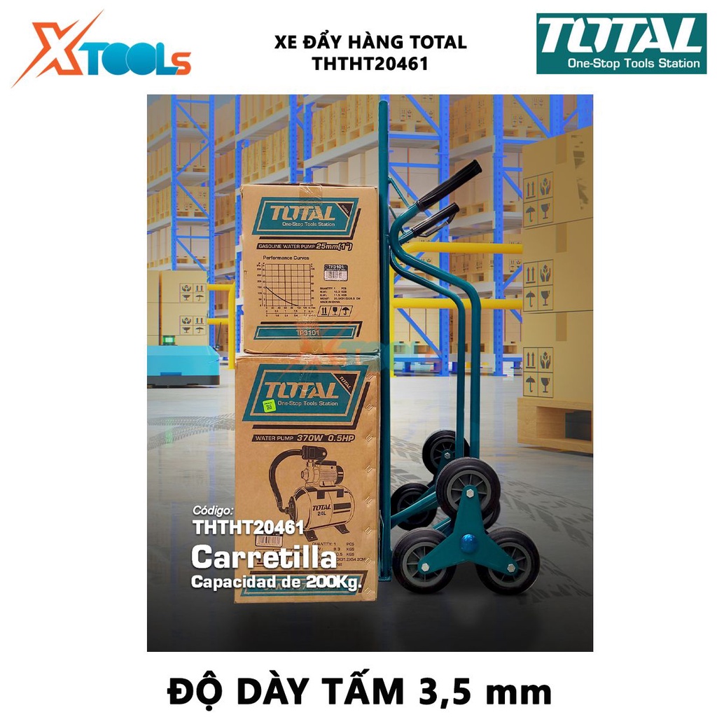 Xe đẩy hàng bằng tay TOTAL THTHT20461 | xe kéo hàng Khả năng tải: 200kg Độ dày khung ống: 1,2 x 25mm Độ dày tấm thép: 3.