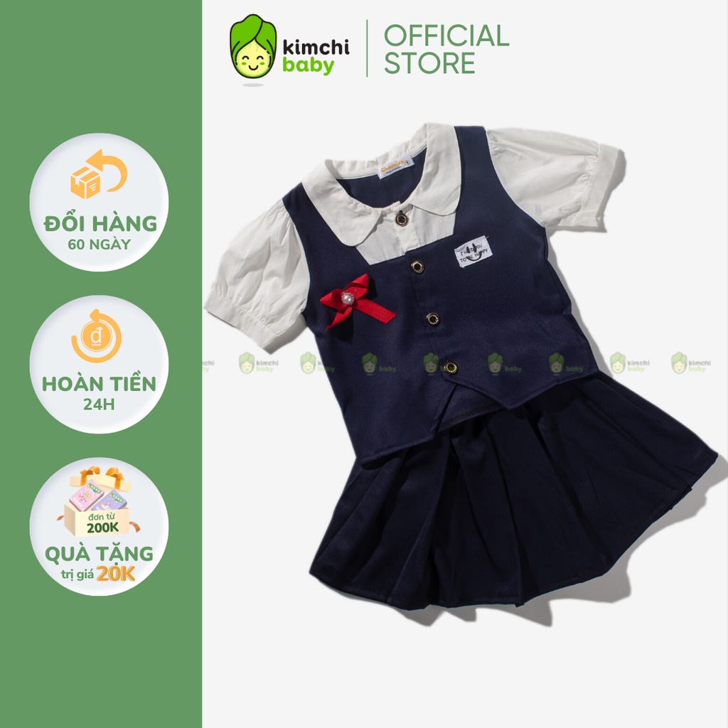 Set Áo + Chân Váy Bé Gái Vải Tuyết Mưa Đính Nơ Cổ Mặc Đi Học, Đi Chơi CK38