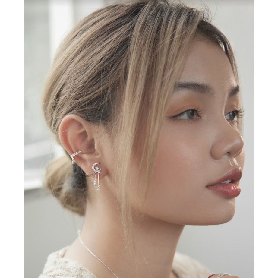 Bông Tai, Khuyên Tai, Hoa Tai Nữ Bạc 925 Cao Cấp SHIMMER SILVER MOONLIGHT Dạng Thả Thiết Kế Hình Mặt Trăng