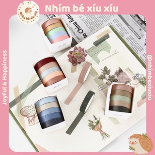 Hộp 5 cuộn washi tape tone màu trầm vintage băng dính trang trí sổ tay bullet journal take note