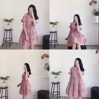 Đầm dáng xòe rớt vai tone hồng