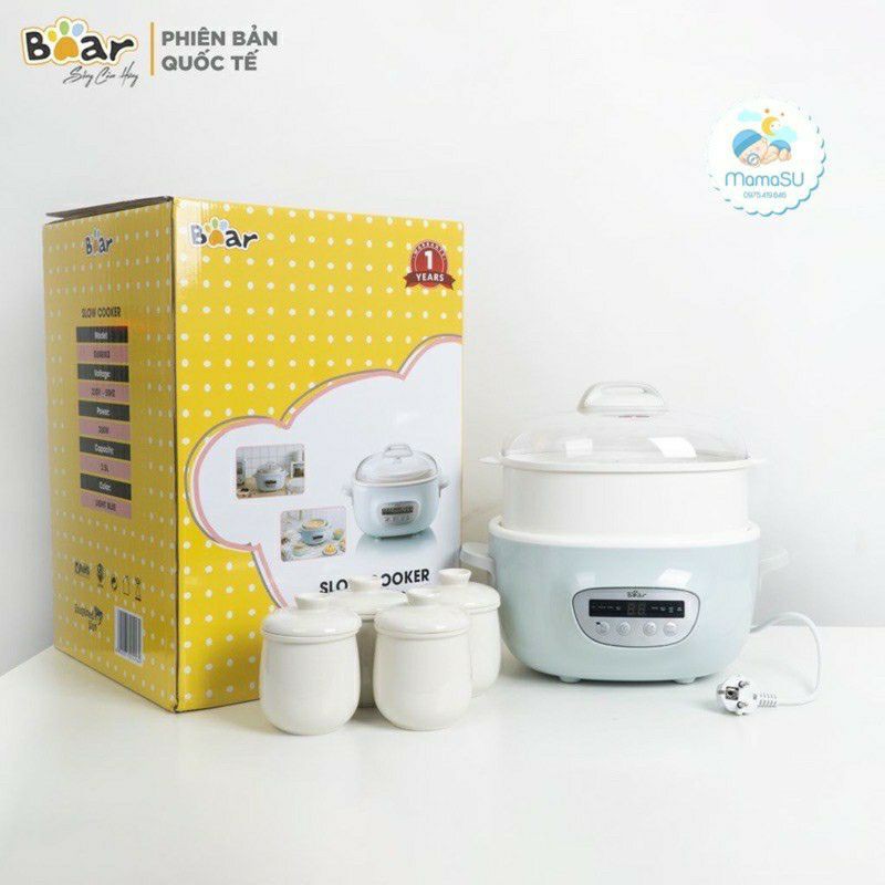 (BẢN QUỐC TẾ BH 18TH) Nồi Nấu Cháo Chậm Bear 2.5l gồm 1 thố 2.5l + 4 thố 0.4l kèm lồng hấp