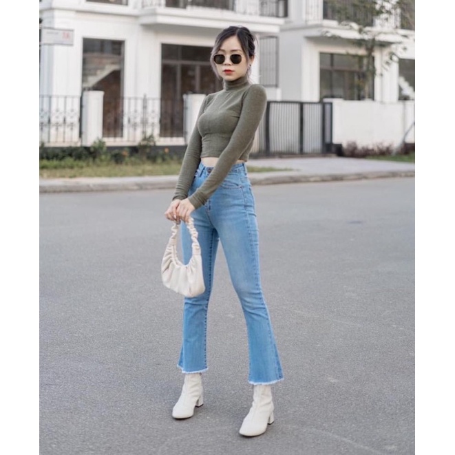 Quần jean nữ 9 tấc ống loe cạp cao Sofm Wear