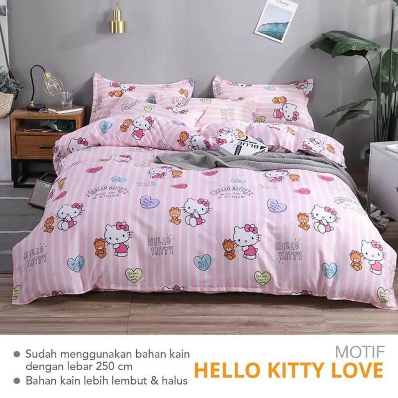 Esra Bộ Vỏ Chăn Ga Gối Đệm Vải Cotton Lanh In Hình Hello Kitty Dễ Thương