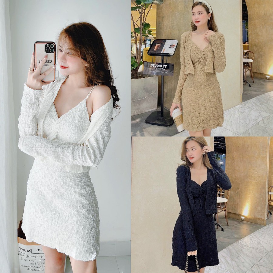 Set Đầm Hai Dây Xoắn Ngực Xốp Và Áo Khoác
