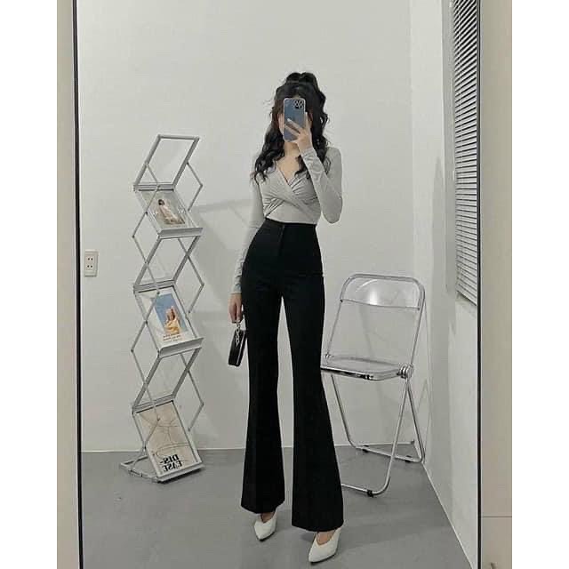 Quần KaKi Nữ Ống Loe Đen Trơn Hai Cúc Freeship Kèm Video Chất