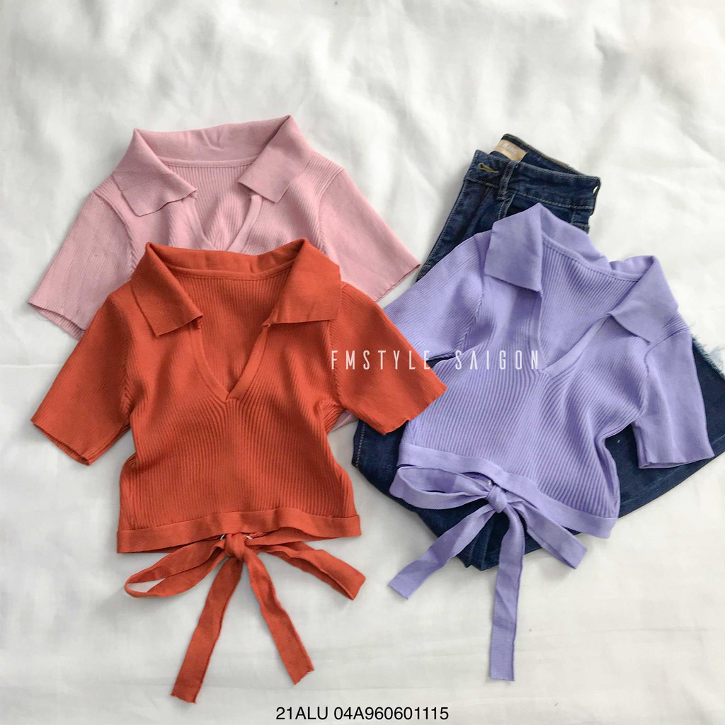 [Mã FATHANG5 giảm 10K đơn 50K] Áo len gân tay ngắn cổ bẻ buộc nơ ulzzang thời trang nữ Fmstyle Saigon 21ALU04A960601