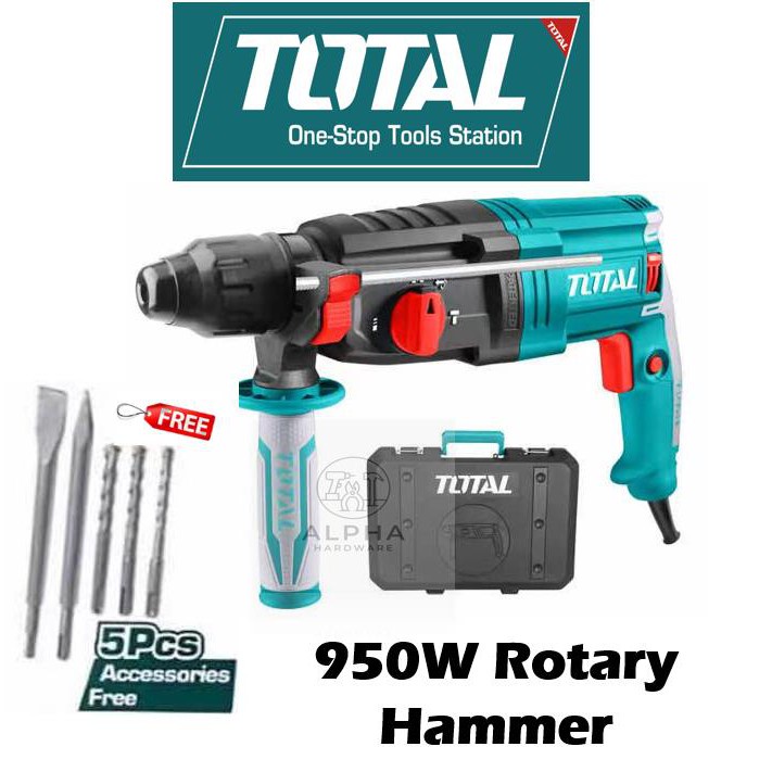 MÁY KHOAN ĐỤC 3 CHỨC NĂNG Total TH309288 950 W - Lực đập 2.5J Đầu gài SDS plus, kèm theo 3 mũi khoan bê tông 2 mũi đục